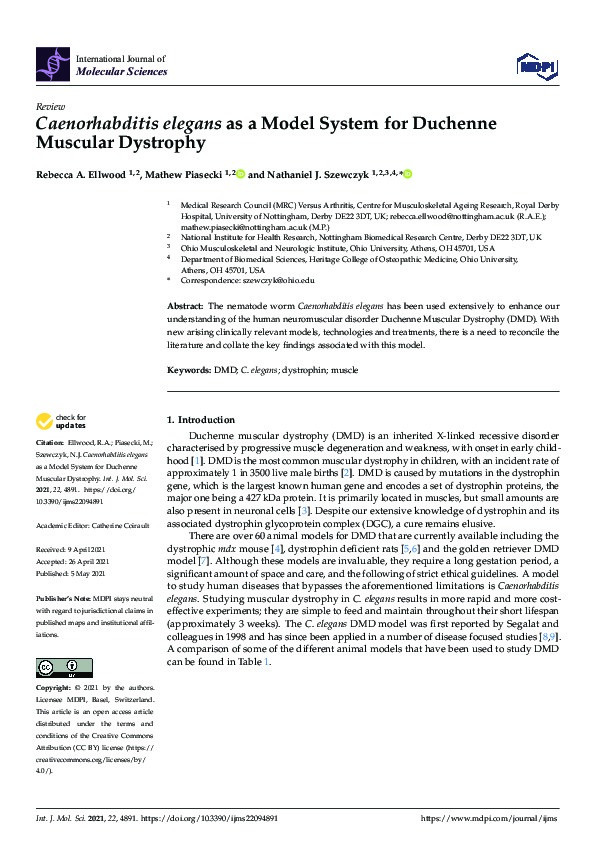 Caenorhabditis elegans as a Model System for Duchenne Muscular Dystrophy Thumbnail