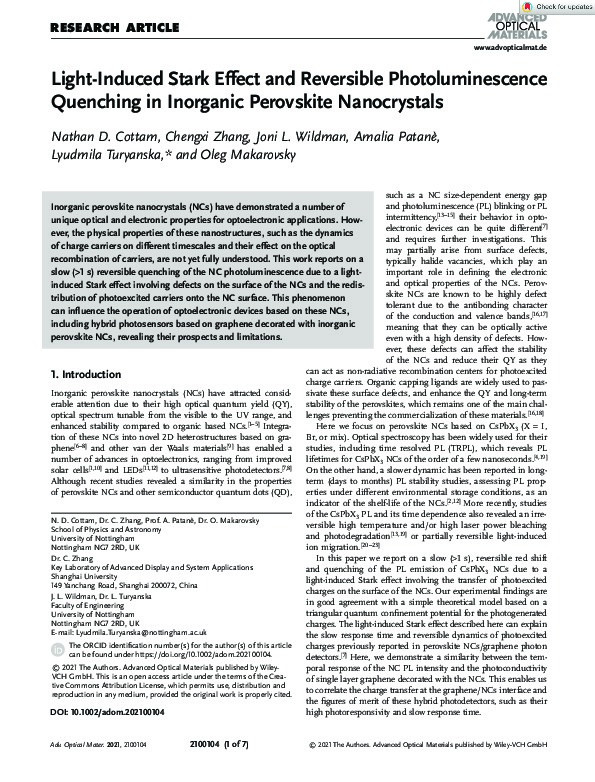 Light-Induced Stark Effect and Reversible Photoluminescence Quenching in Inorganic Perovskite Nanocrystals Thumbnail