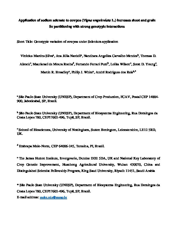 Application of sodium selenate to cowpea (Vigna unguiculata L.) increases shoot and grain Se partitioning with strong genotypic interactions Thumbnail