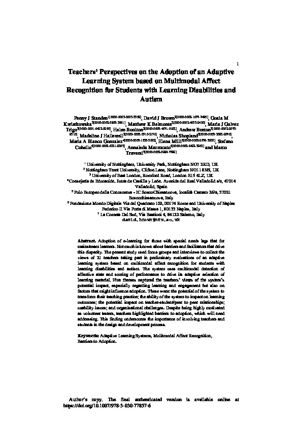  Teachers’ Perspectives on the Adoption of an Adaptive Learning System Based on Multimodal Affect Recognition for Students with Learning Disabilities and Autism Thumbnail