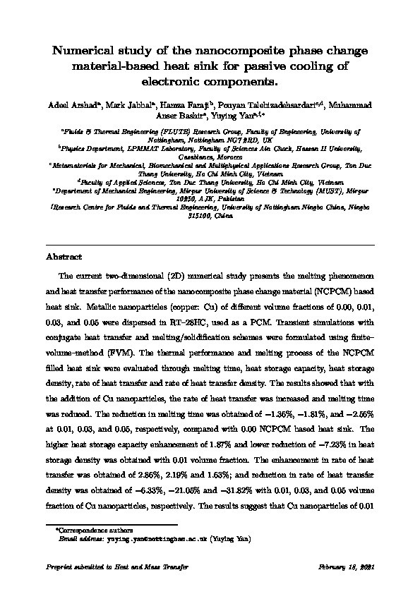 Numerical study of nanocomposite phase change material-based heat sink for the passive cooling of electronic components Thumbnail