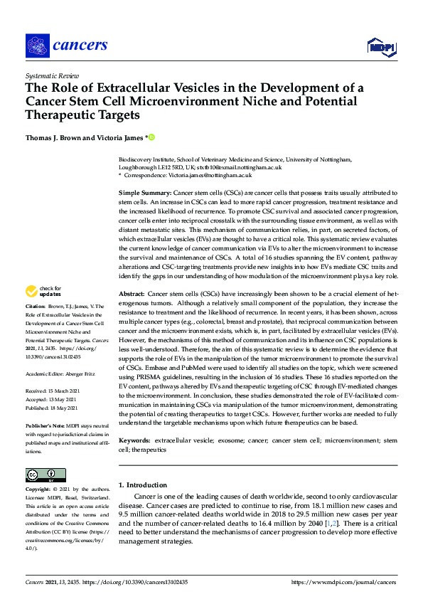 The Role of Extracellular Vesicles in the Development of a Cancer Stem Cell Microenvironment Niche and Potential Therapeutic Targets: a systematic review Thumbnail