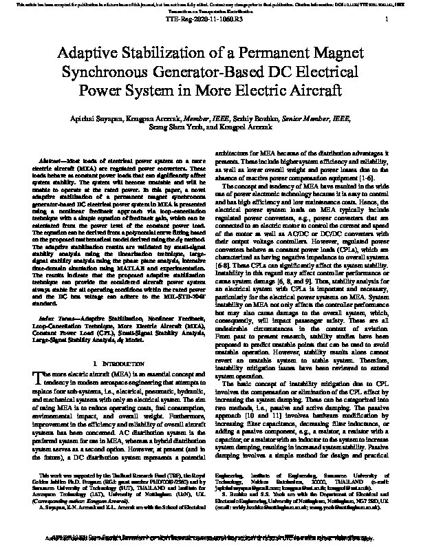 Adaptive Stabilization of a Permanent Magnet Synchronous Generator-Based DC Electrical Power System in More Electric Aircraft Thumbnail