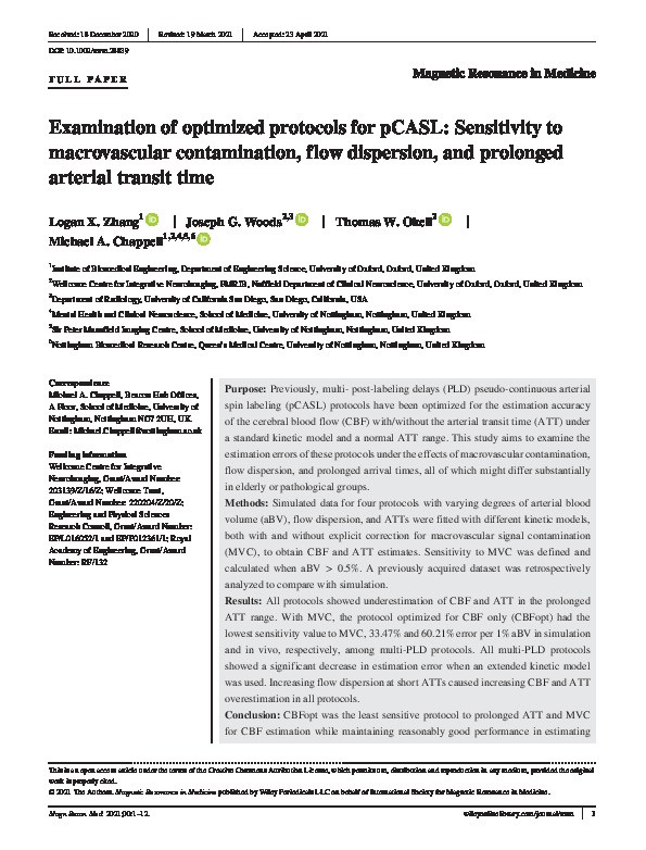 Examination of optimized protocols for pCASL: Sensitivity to macrovascular contamination, flow dispersion, and prolonged arterial transit time Thumbnail