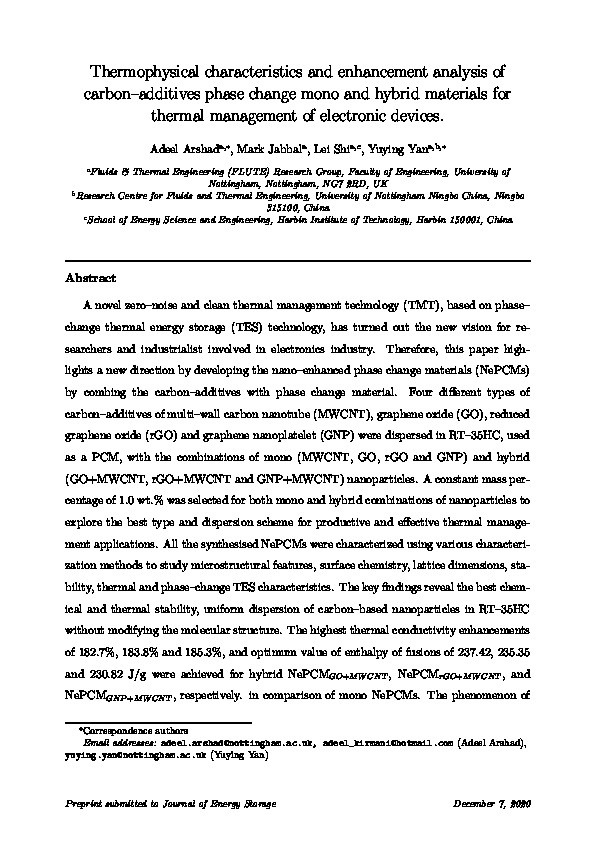 Thermophysical characteristics and enhancement analysis of carbon-additives phase change mono and hybrid materials for thermal management of electronic devices Thumbnail