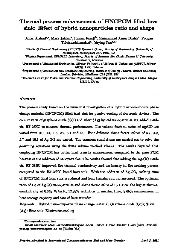 Thermal process enhancement of HNCPCM filled heat sink: Effect of hybrid nanoparticles ratio and shape Thumbnail