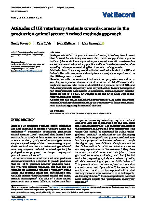 Attitudes of UK veterinary students towards careers in the production animal sector: A mixed methods approach Thumbnail