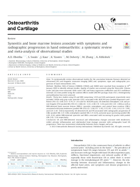 Synovitis and bone marrow lesions associate with symptoms and radiographic progression in hand osteoarthritis: a systematic review and meta-analysis of observational studies Thumbnail