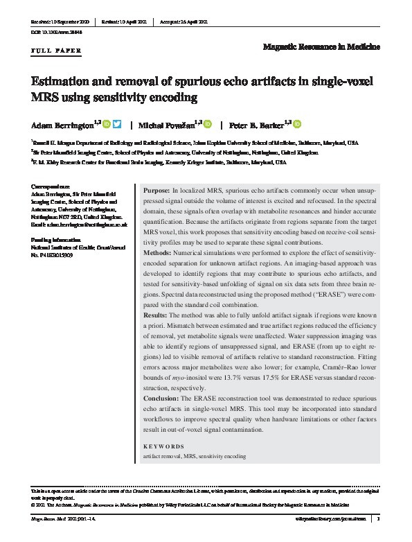 Estimation and removal of spurious echo artifacts in single‐voxel MRS using sensitivity encoding Thumbnail