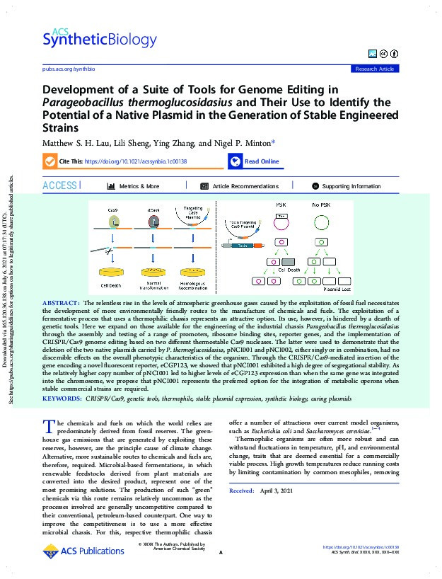 Development of a Suite of Tools for Genome Editing in Parageobacillus thermoglucosidasius and Their Use to Identify the Potential of a Native Plasmid in the Generation of Stable Engineered Strains Thumbnail