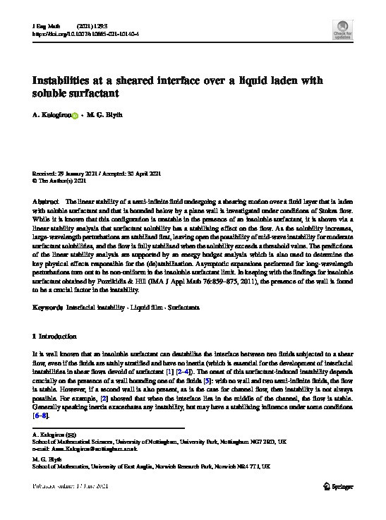 Instabilities at a sheared interface over a liquid laden with soluble surfactant Thumbnail