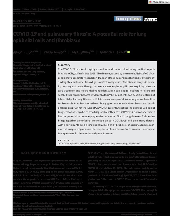 COVID‐19 and pulmonary fibrosis: A potential role for lung epithelial cells and fibroblasts Thumbnail