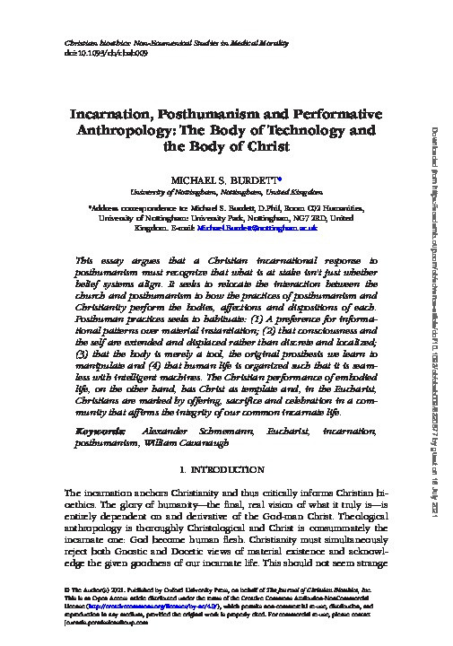 Incarnation, Posthumanism and Performative Anthropology: The Body of Technology and the Body of Christ Thumbnail