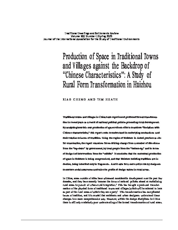 Production of Space in Traditional Towns and Villages against the Backdrop of “Chinese Characteristics”: A Study of Rural Form Transformation in Huizhou Thumbnail