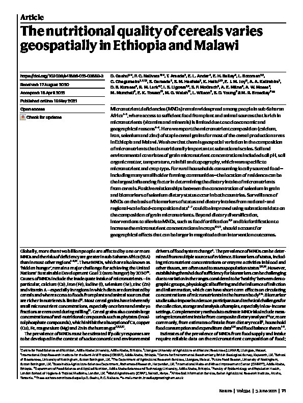 The nutritional quality of cereals varies geospatially in Ethiopia and Malawi Thumbnail