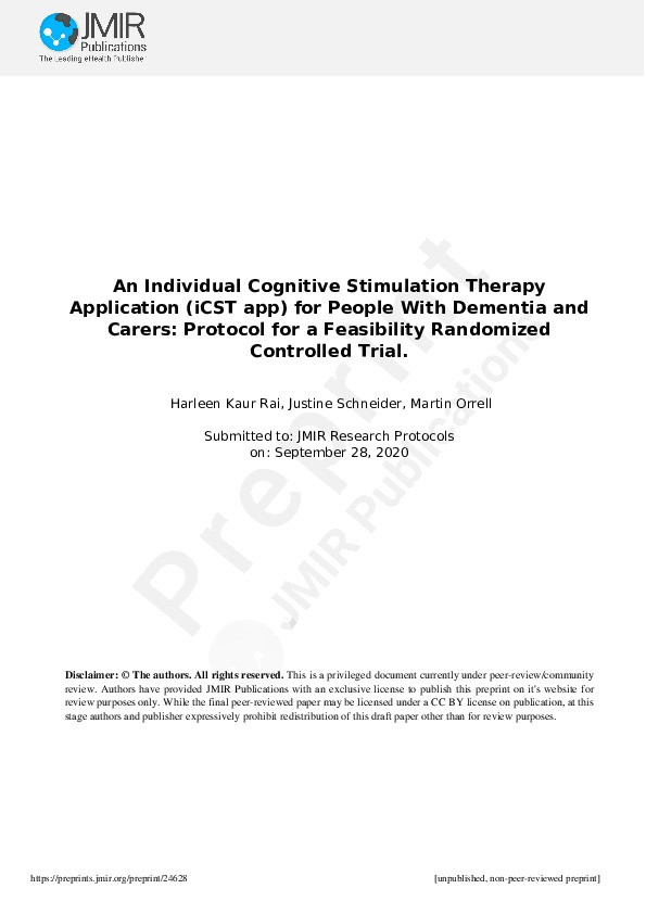 An Individual Cognitive Stimulation Therapy App for People With Dementia and Their Carers: Protocol for a Feasibility Randomized Controlled Trial Thumbnail