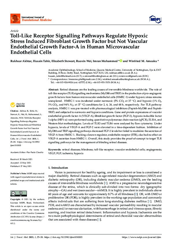 Toll-Like Receptor Signalling Pathways Regulate Hypoxic Stress Induced Fibroblast Growth Factor but Not Vascular Endothelial Growth Factor-A in Human Microvascular Endothelial Cells Thumbnail