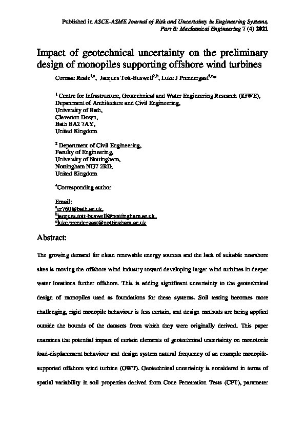 Impact of Geotechnical Uncertainty on the Preliminary Design of Monopiles Supporting Offshore Wind Turbines Thumbnail