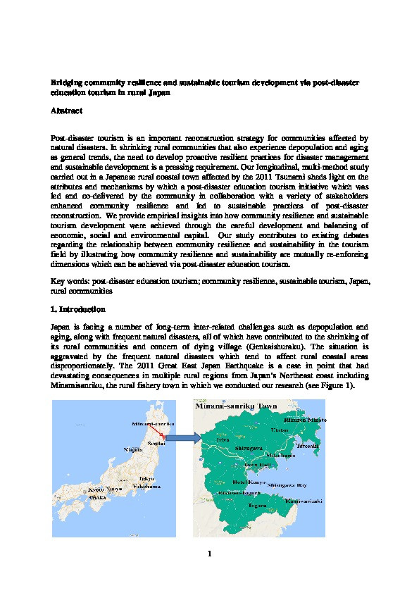 Bridging community resilience and sustainable tourism development via post-disaster education tourism in rural Japan Thumbnail