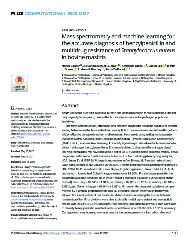 Mass spectrometry and machine learning for the accurate diagnosis of benzylpenicillin and multidrug resistance of Staphylococcus aureus in bovine mastitis Thumbnail