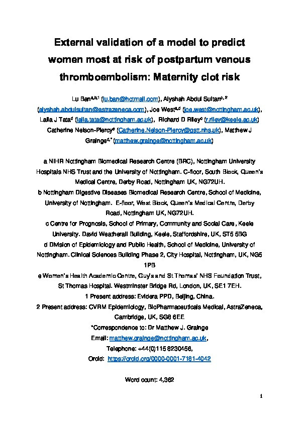 External validation of a model to predict women most at risk of postpartum venous thromboembolism: Maternity clot risk Thumbnail