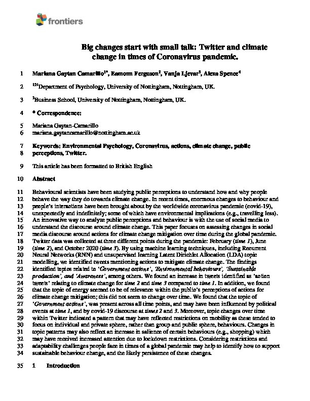 Big Changes Start With Small Talk: Twitter and Climate Change in Times of Coronavirus Pandemic Thumbnail