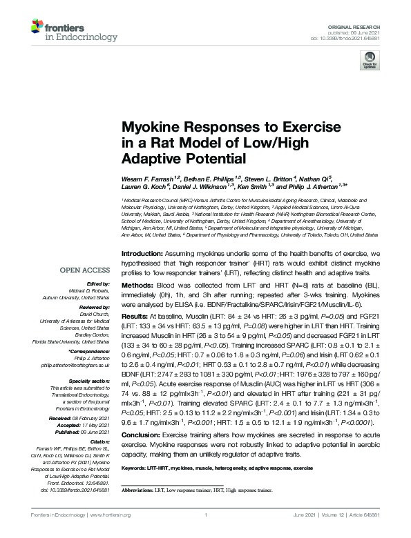 Myokine Responses to Exercise in a Rat Model of Low/High Adaptive Potential Thumbnail