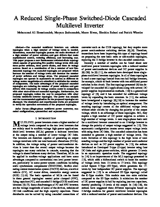 A Reduced Single-Phase Switched-Diode Cascaded Multilevel Inverter Thumbnail