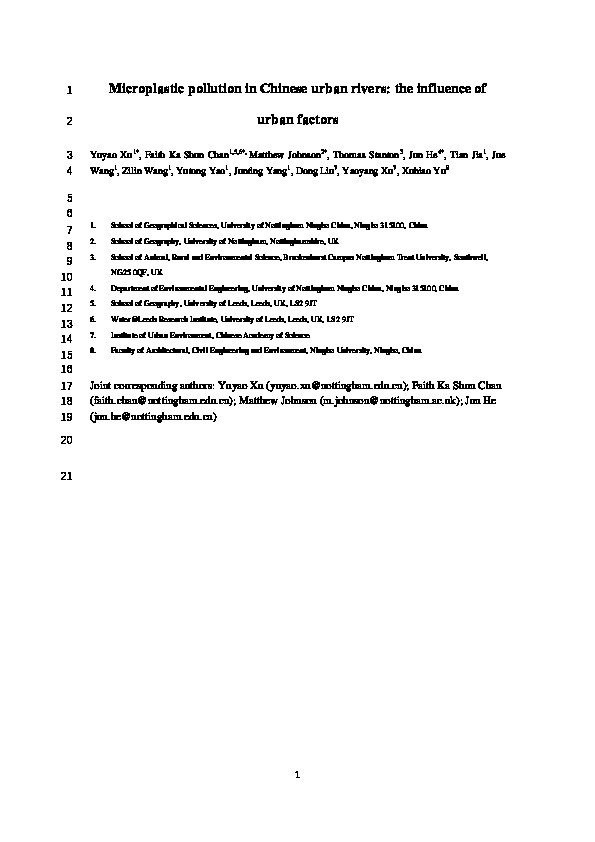 Microplastic pollution in Chinese urban rivers: The influence of urban factors Thumbnail