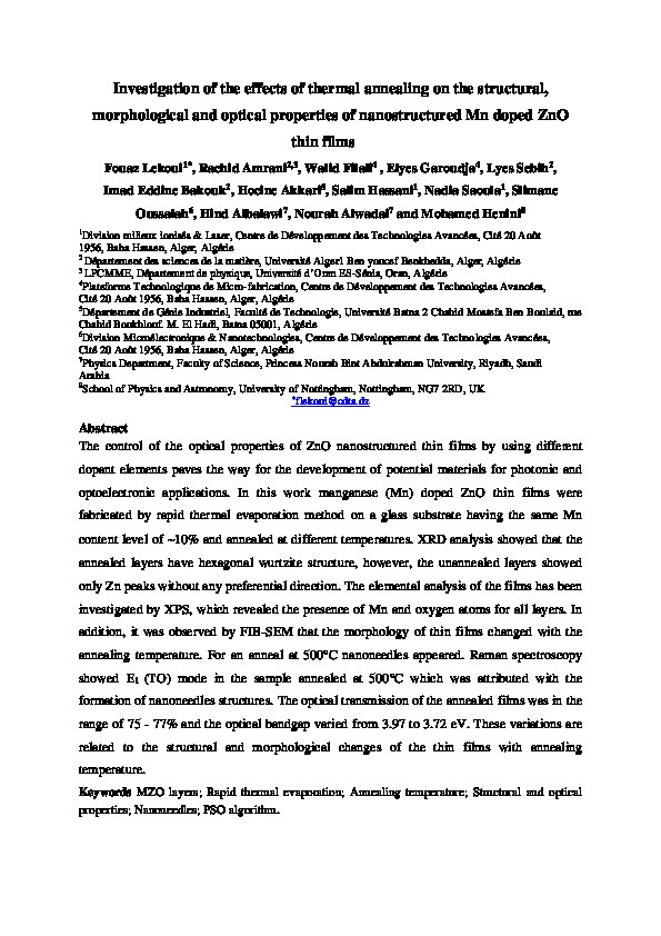 Investigation of the effects of thermal annealing on the structural, morphological and optical properties of nanostructured Mn doped ZnO thin films Thumbnail