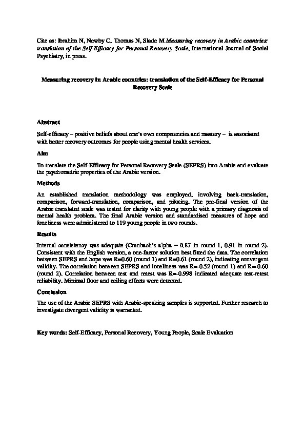 Measuring recovery in Arabic countries: Translation of the self-efficacy for personal recovery scale Thumbnail