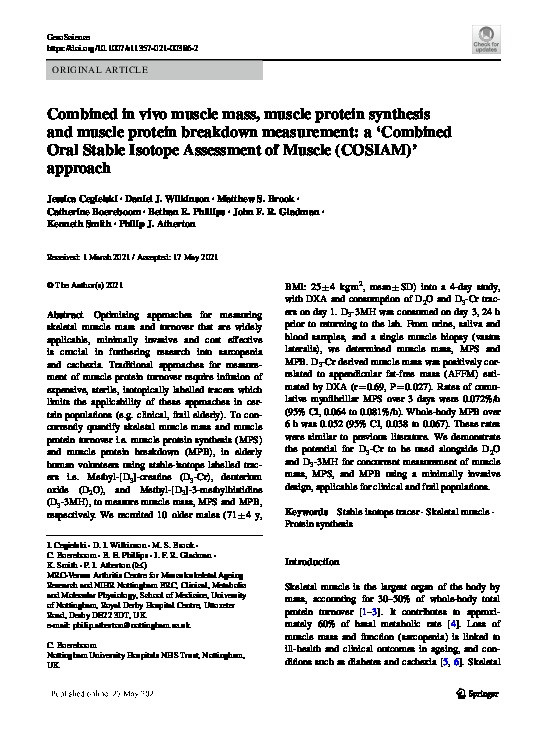 Combined in vivo muscle mass, muscle protein synthesis and muscle protein breakdown measurement: a ‘Combined Oral Stable Isotope Assessment of Muscle (COSIAM)’ approach Thumbnail