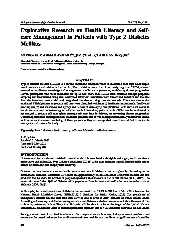 Explorative Research on Health Literacy and Self-care Management in Patients with Type 2 Diabetes Mellitus Thumbnail