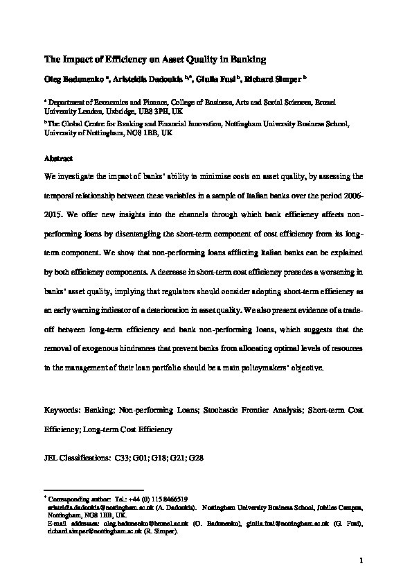 The impact of efficiency on asset quality in banking Thumbnail