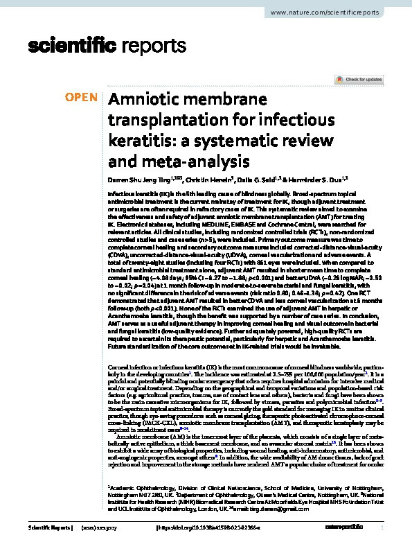 Amniotic membrane transplantation for infectious keratitis: a systematic review and meta-analysis Thumbnail