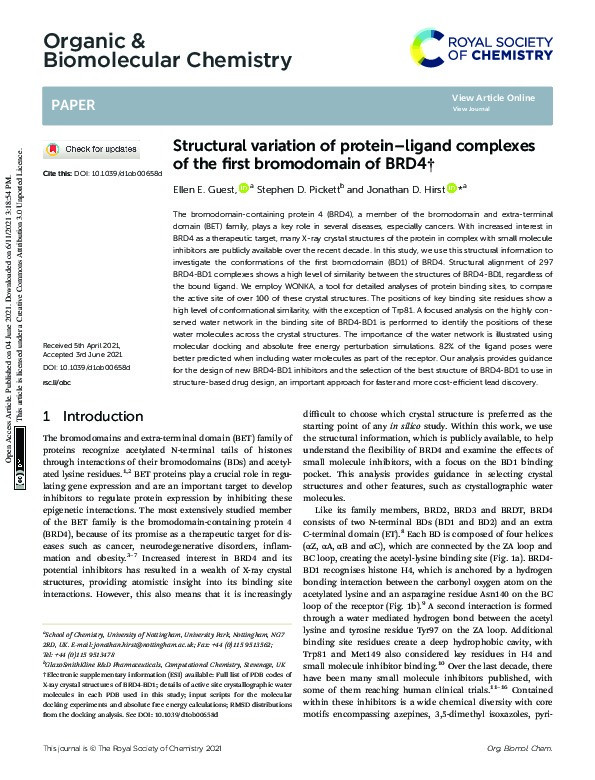 Structural variation of protein-ligand complexes of the first bromodomain of BRD4 Thumbnail