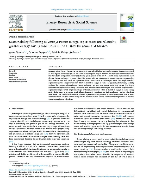 Sustainability following adversity: Power outage experiences are related to greater energy saving intentions in the United Kingdom and Mexico Thumbnail