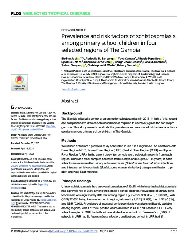 Prevalence and risk factors of schistosomiasis among primary school children in four selected regions of the Gambia Thumbnail