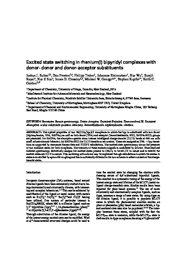 Excited-State Switching in Rhenium(I) Bipyridyl Complexes with Donor-Donor and Donor-Acceptor Substituents Thumbnail