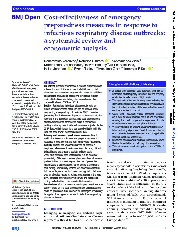 Cost-effectiveness of emergency preparedness measures in response to infectious respiratory disease outbreaks: a systematic review and econometric analysis Thumbnail