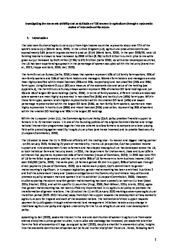 Investigating the economic visibility and contribution of UK women in agriculture through a systematic review of international literature Thumbnail