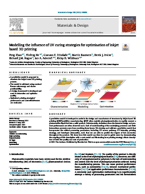 Modelling the influence of UV curing strategies for optimisation of inkjet based 3D printing Thumbnail