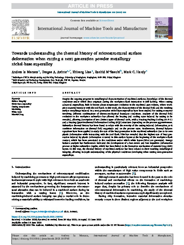 Towards understanding the thermal history of microstructural surface deformation when cutting a next generation powder metallurgy nickel-base superalloy Thumbnail