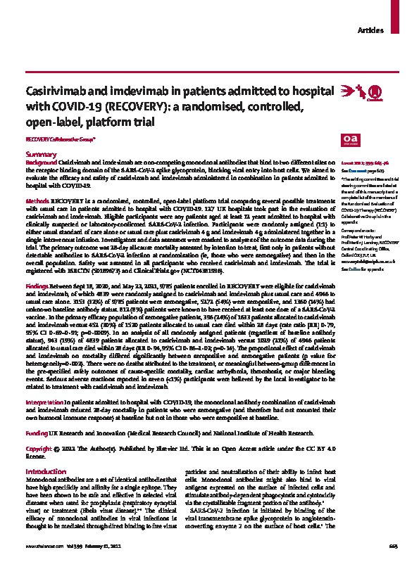 Casirivimab and imdevimab in patients admitted to hospital with COVID-19 (RECOVERY): a randomised, controlled, open-label, platform trial Thumbnail