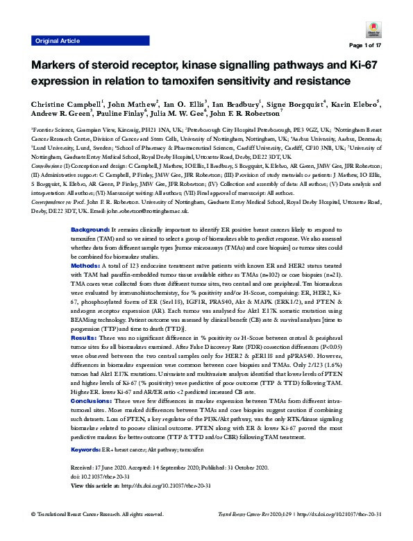 Markers of steroid receptor, kinase signalling pathways and Ki-67 expression in relation to tamoxifen sensitivity and resistance Thumbnail