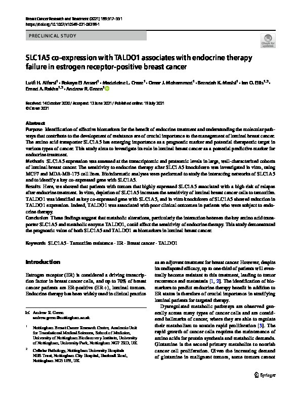 SLC1A5 co-expression with TALDO1 associates with endocrine therapy failure in estrogen receptor-positive breast cancer Thumbnail