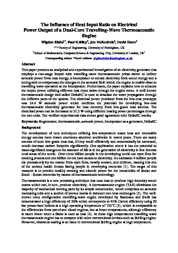 The Influence of Heat Input Ratio on Electrical Power Output of a Dual-Core Travelling-Wave Thermoacoustic Engine Thumbnail