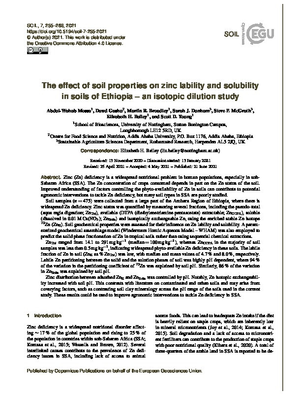 The effect of soil properties on zinc lability and solubility in soils of Ethiopia - an isotopic dilution study Thumbnail