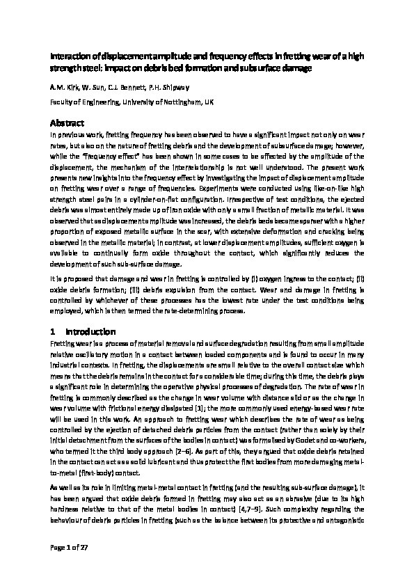 Interaction of displacement amplitude and frequency effects in fretting wear of a high strength steel: Impact on debris bed formation and subsurface damage Thumbnail