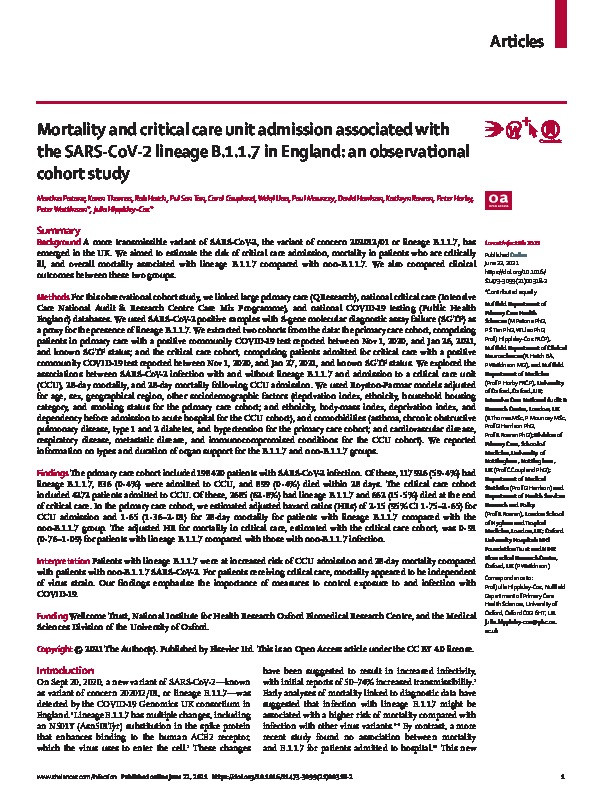 Mortality and critical care unit admission associated with the SARS-CoV-2 lineage B.1.1.7 in England: an observational cohort study Thumbnail